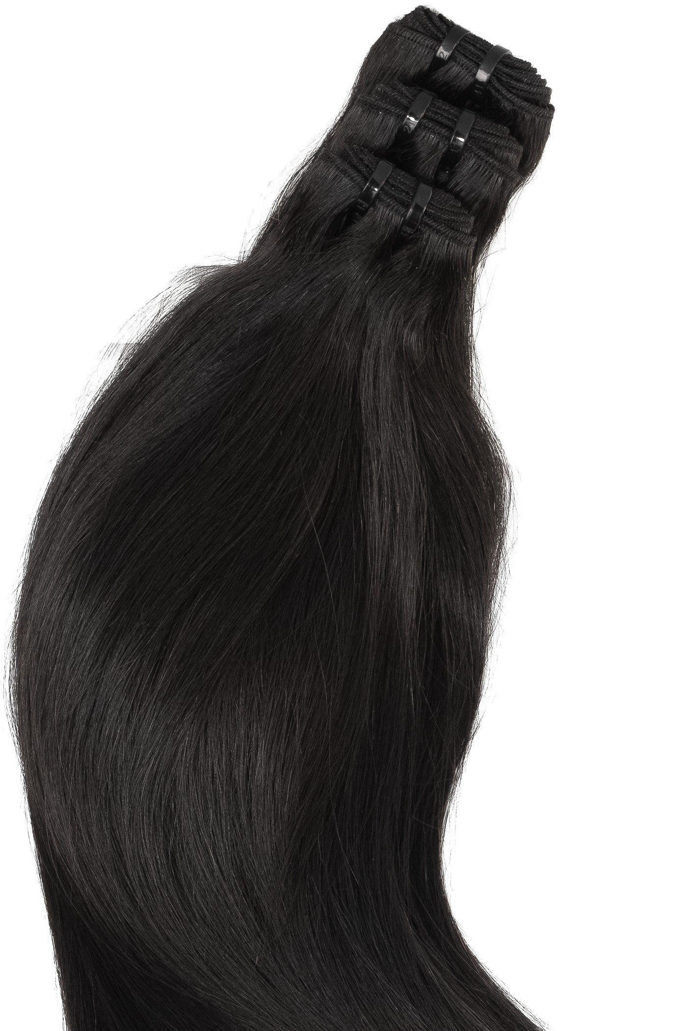Svart weft hårförlängning i äkta Remy-hår med rak, mjuk textur som ger naturlig glans och fylligare resultat.