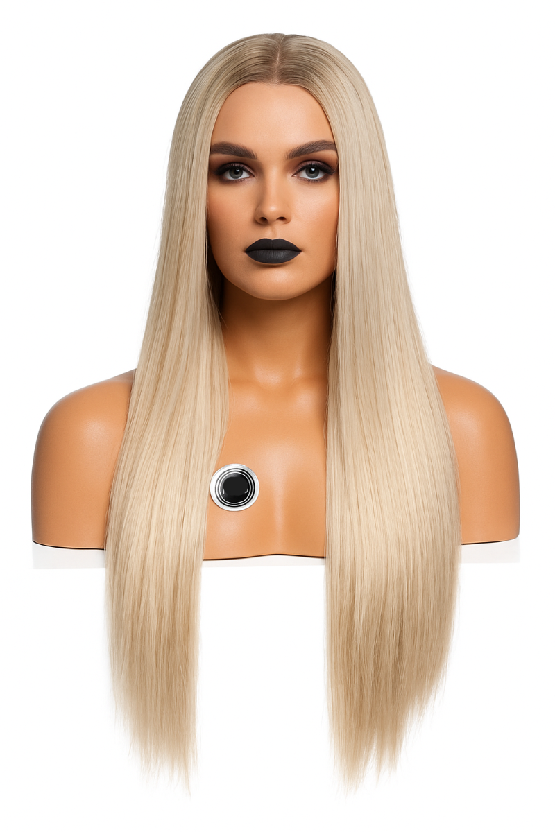 Lång blond peruk med mittbena och naturlig glans