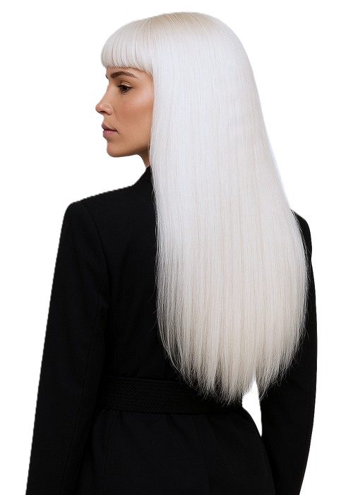 Lång isblond peruk med lugg, rakt och glansigt hår.