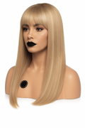 Rak blond peruk med lugg och highlights slingor. Mjukt fall, värmetålig fiber och realistisk passform