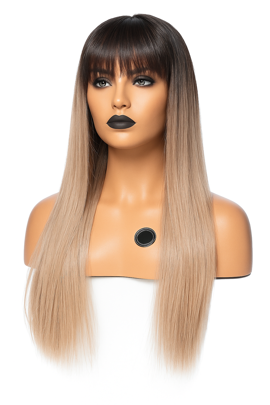 Lång rak ombre peruk med lugg. Mörkbrun botten som tonas till askblond.