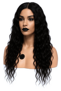 Svart lång peruk med förföriska vågor och mittbena