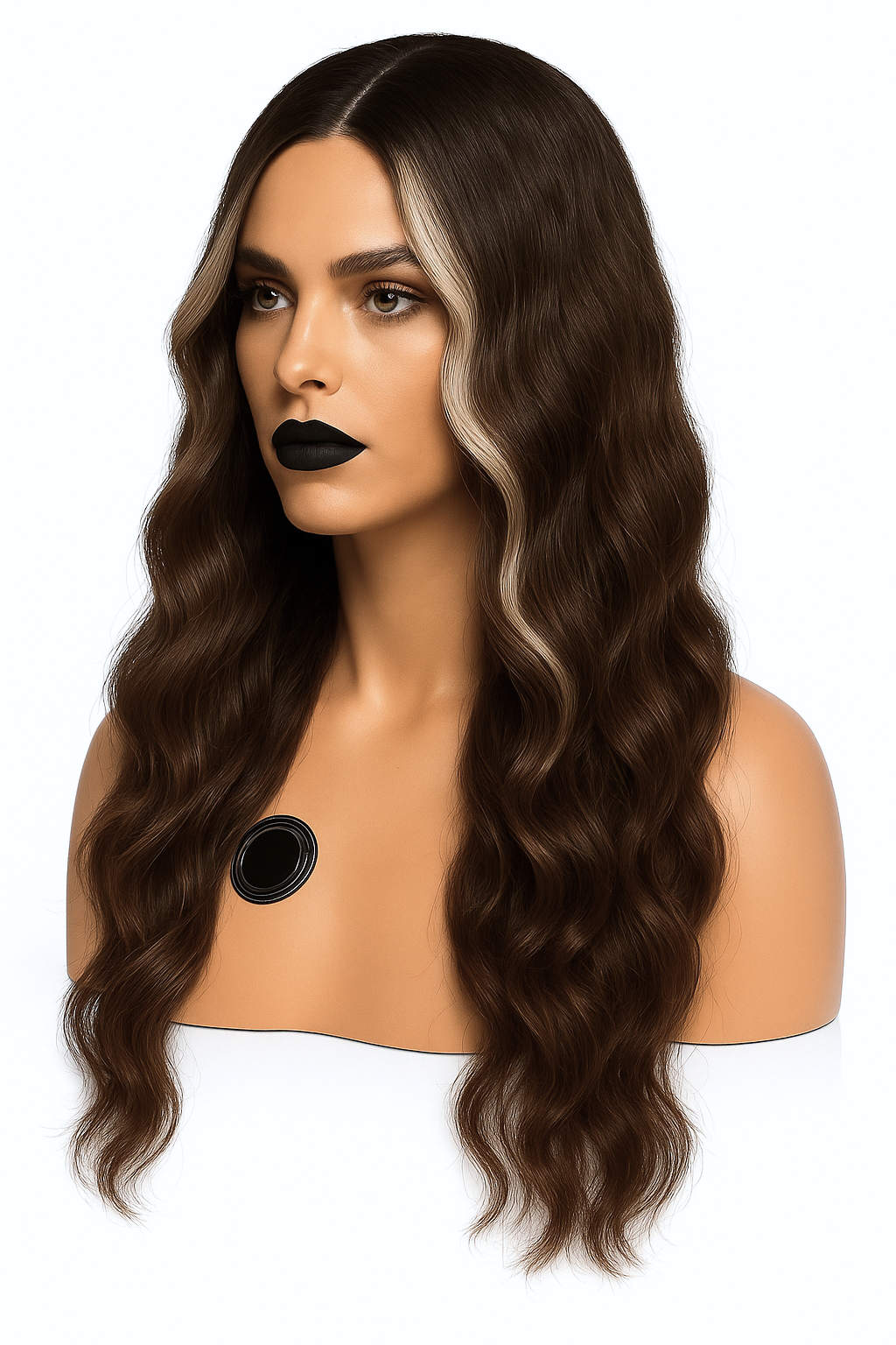 Lång brun peruk med mjuka vågor och ljusa face frame slingor. Naturlig glans, mittbena och värmetålig fiber