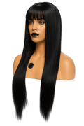 Svart peruk, långt hår med lugg, naturligt fall.