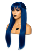 Anime cosplay peruk, långt blått hår med lugg i futuristisk stil.