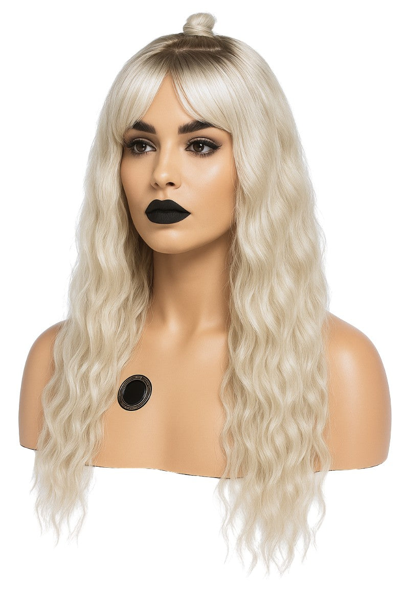 Blond drömmig vågig peruk med ljusbruna rötter och blonda romantiska längder