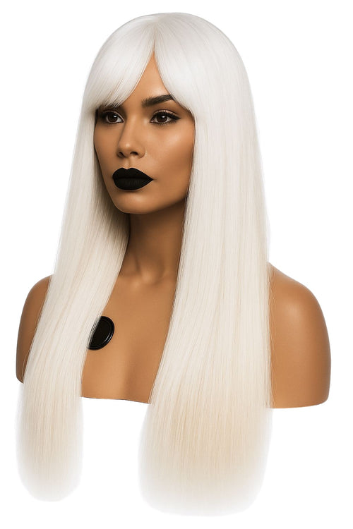 Vit peruk med långa raka längder och mjuk gardinlugg. Elegant, fyllig och glansig hårstil som ger lyxig vinterlook.